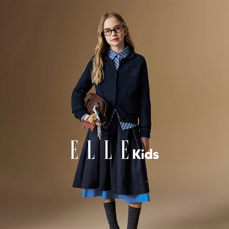 ELLE KIDS 娃娃领针织开衫女儿童秋季新款蘑菇扣绣花长袖毛衣Q5