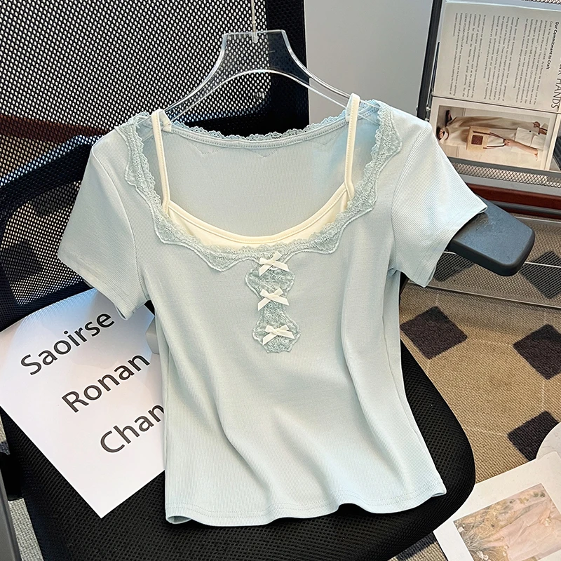 假两件蝴蝶结挂脖短袖t恤女2025夏季纯欲甜美辣妹短款小个子上衣