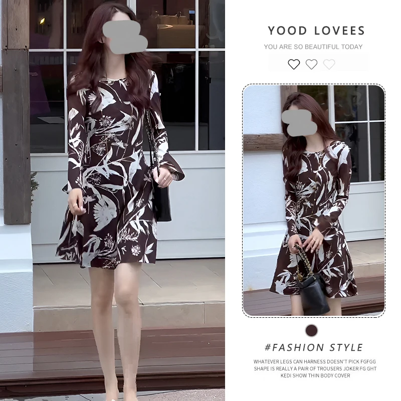 又a又飒御姐波西米亚海边度假气质收腰咖色印花长袖连衣裙女春秋