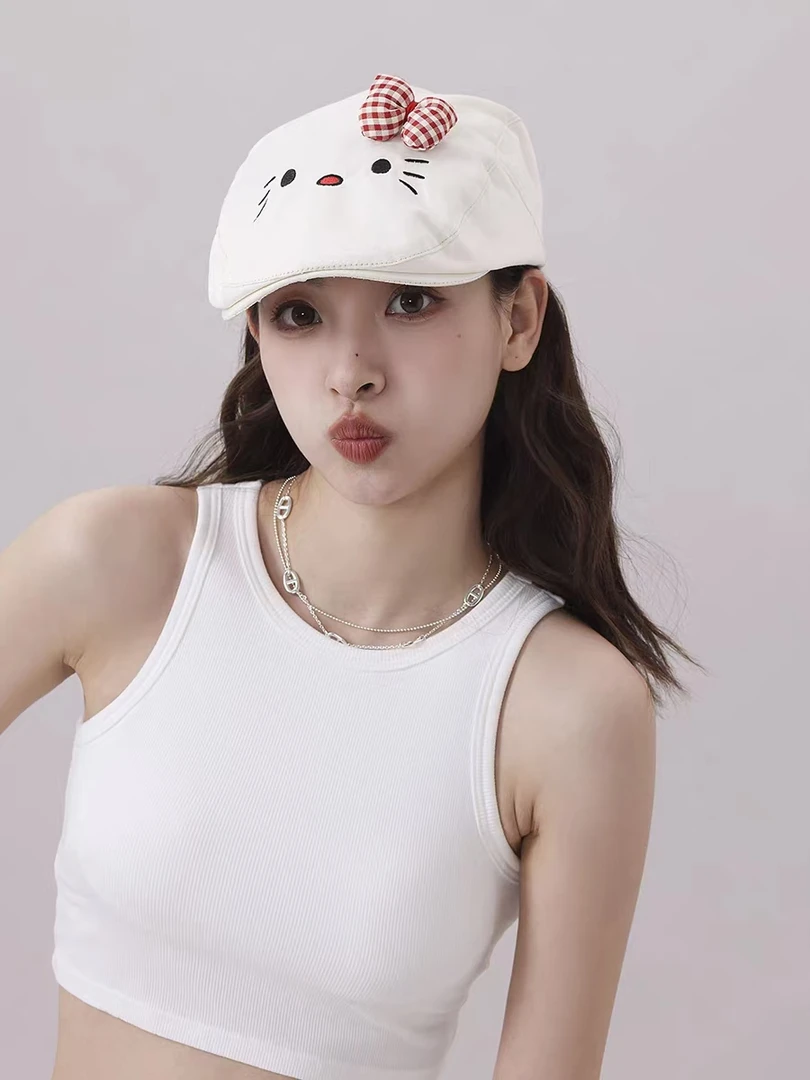2025新款刺绣KT猫前进帽子女春夏季休闲百搭甜美可爱小清新贝雷帽