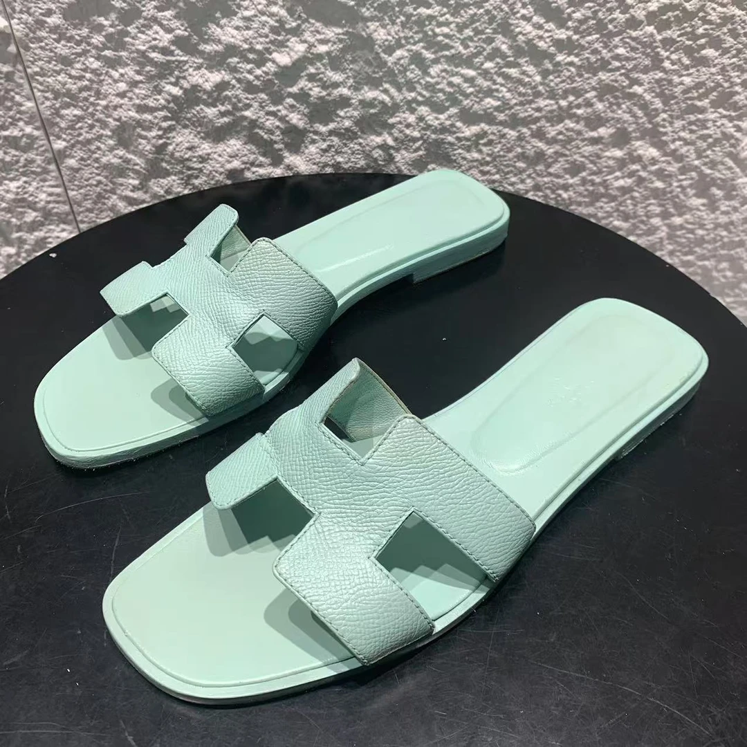 99新 Hermes/爱马仕 38.5码/仔仔/薄荷绿夏季百搭平底H拖 xxs890