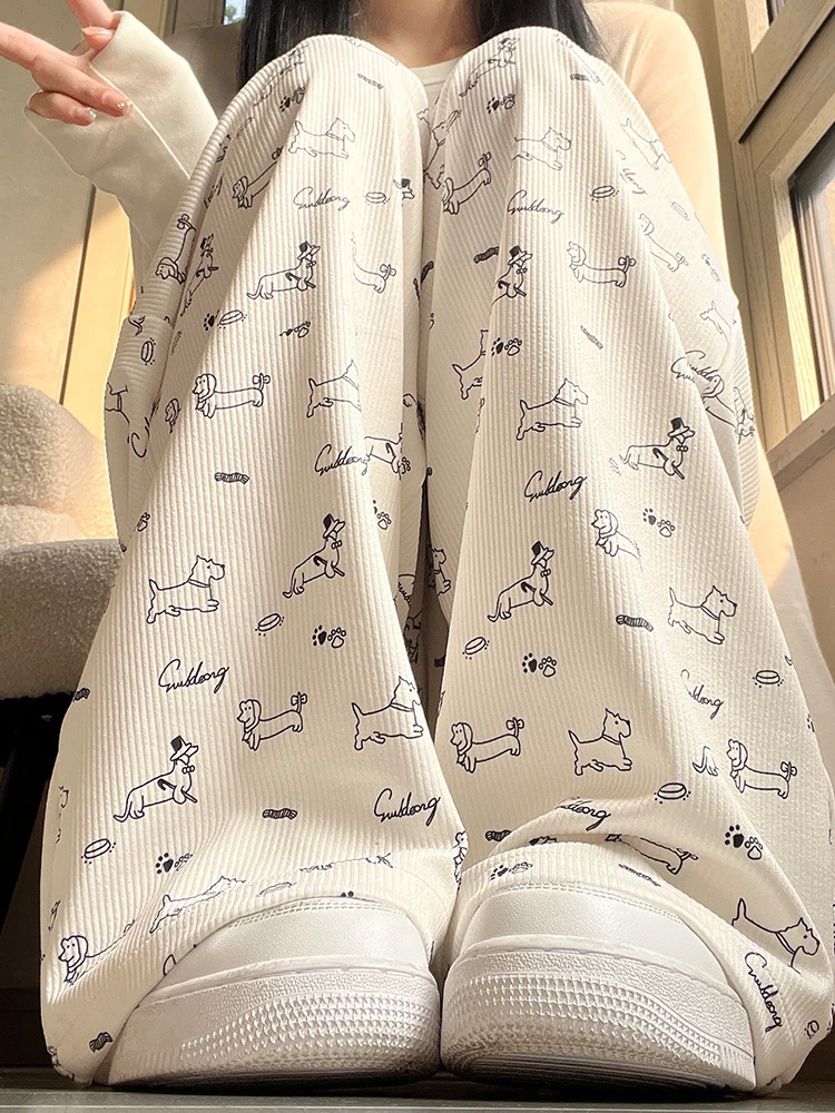 300斤大码可爱卡通狗印花裤子女春夏薄款高腰显瘦直筒垂感阔腿裤