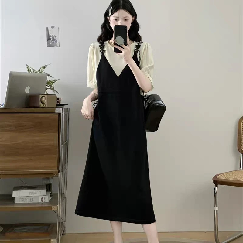 (80-200斤)假两件黑色连衣裙女2025夏季大码胖mm别致长裙子1902