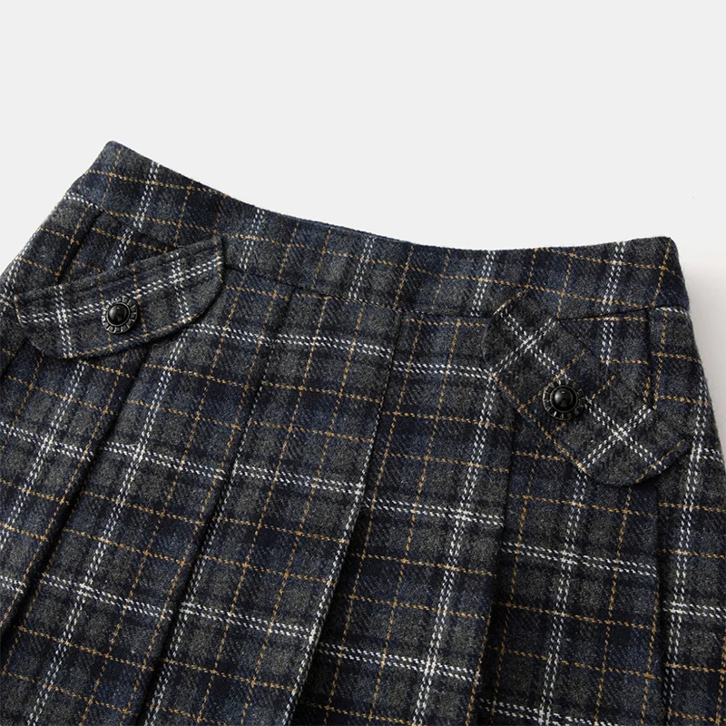 【HERLIAN】新品25秋冬时尚口袋装饰格子百褶短裙女