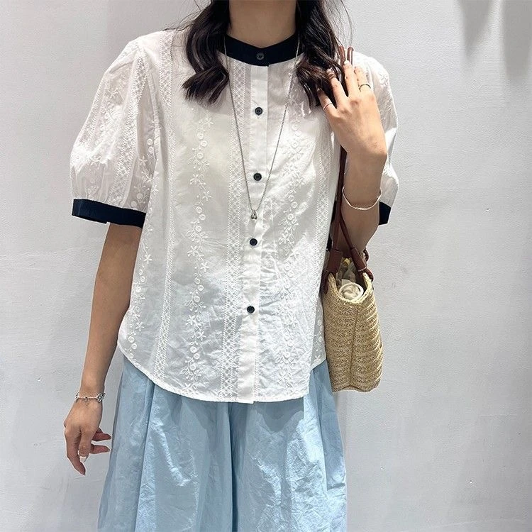 夏季常规拼色泡泡袖小衫气质宽松型衬衫上衣镂空短袖设计感女装