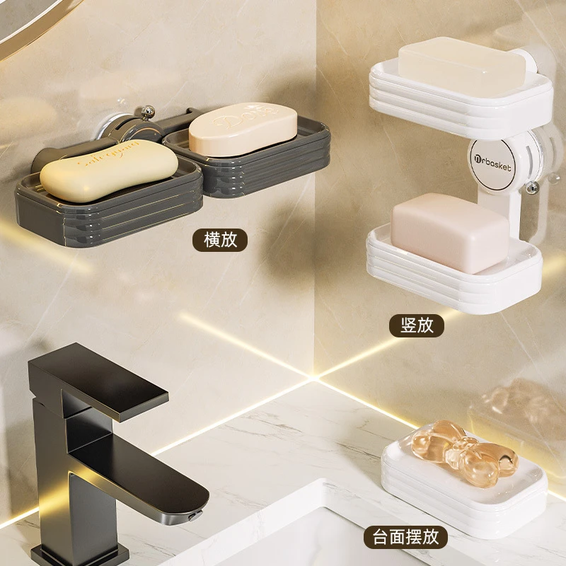 吸盘肥皂盒壁挂式免打孔家用双层沥水卫生间墙上置物架高档香皂盒
