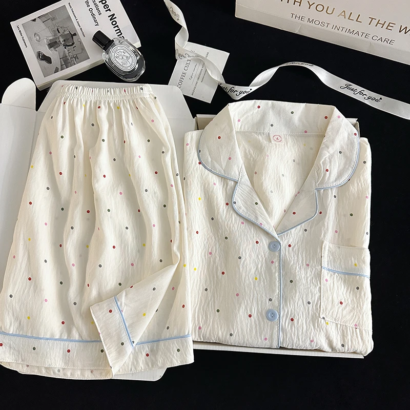 日系甜美彩色圆点睡衣女夏季短袖短裤云朵棉夏天薄款可爱家居服