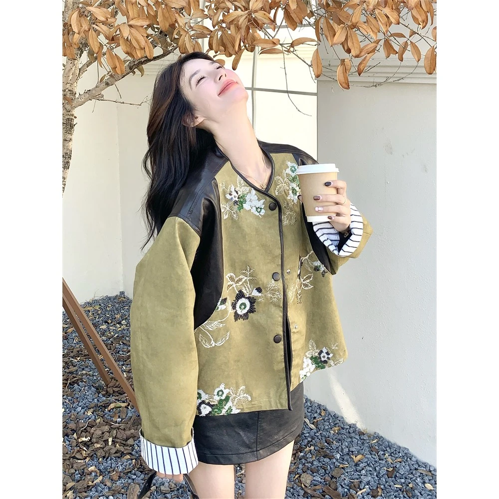 亮片刺绣pu皮拼接短外套女春秋2025新款重要设计感巨好看流行夹克