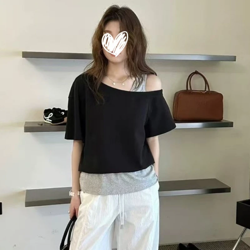 2025新款韩系宽松斜肩纯色真两件设计百搭洋气露肩恤女上衣