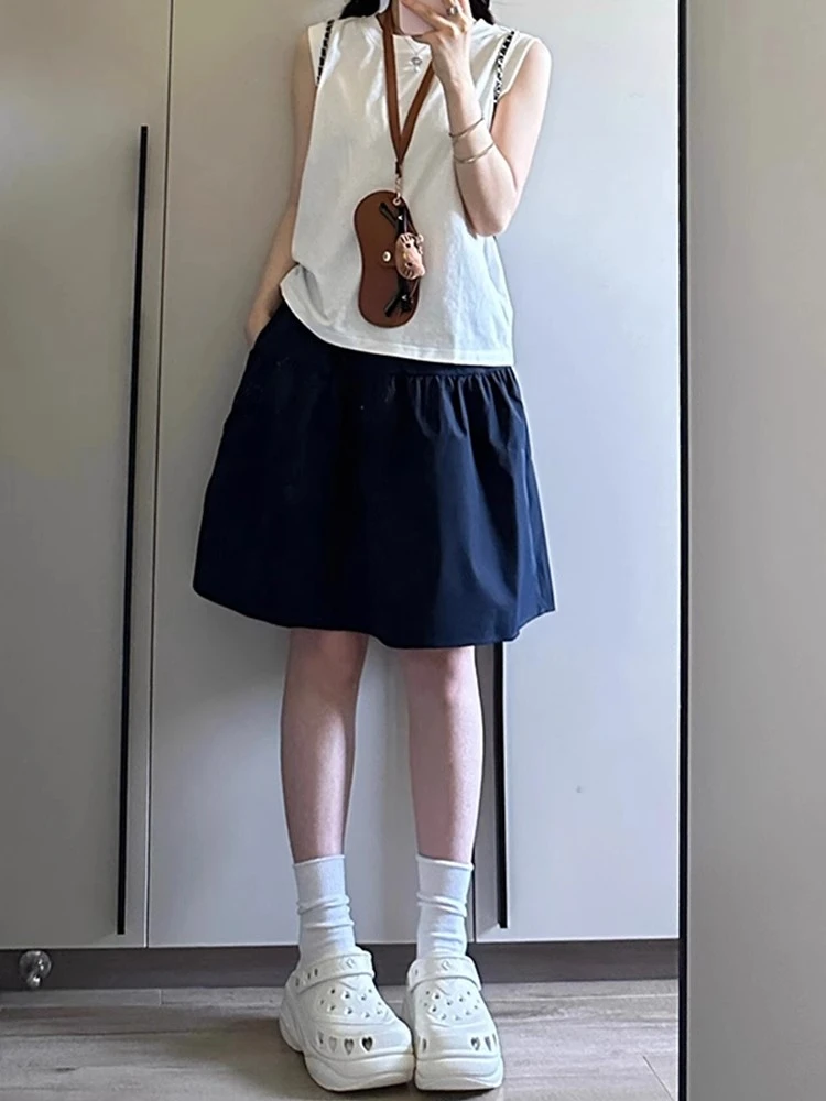 日系藏青色短裙女a字半身裙小个子大码胖mm遮肉显瘦运动五分中裙