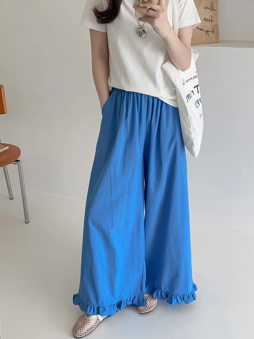 慵懒风夏季新款简约设计感韩系休闲高腰显瘦纯色木耳边显瘦阔腿裤