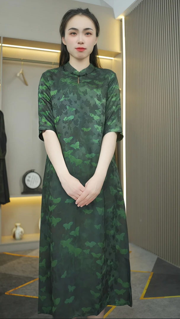 气质提花修身中长款夏季中式改良宽松旗袍连衣裙显瘦时尚绿色复古