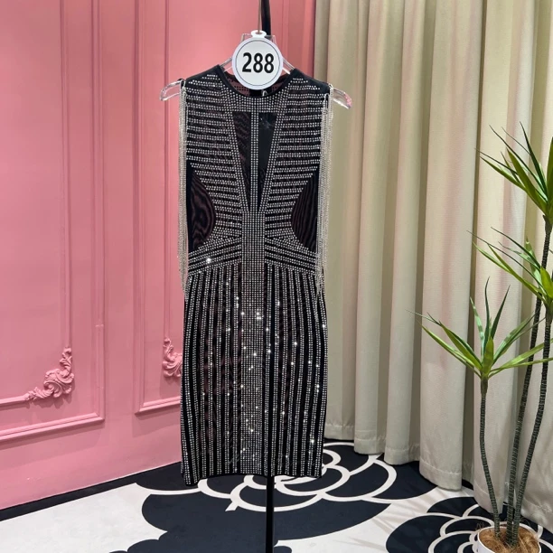 【欧一】288号 无袖包臀裙性感透视条纹设计师款派对短款连衣裙