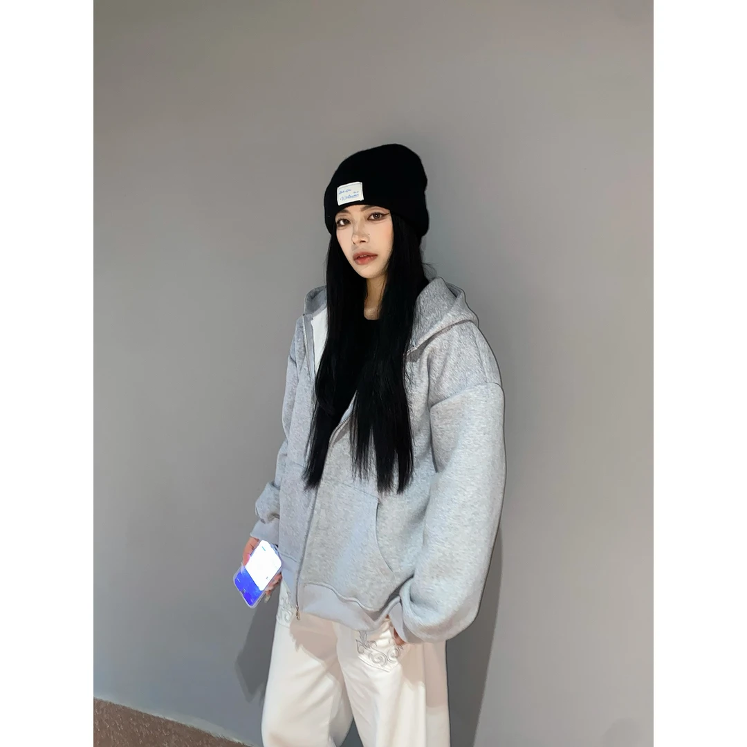 美式高街cleanfit重磅男女纯色连帽卫衣开衫情侣春秋小众复古上衣