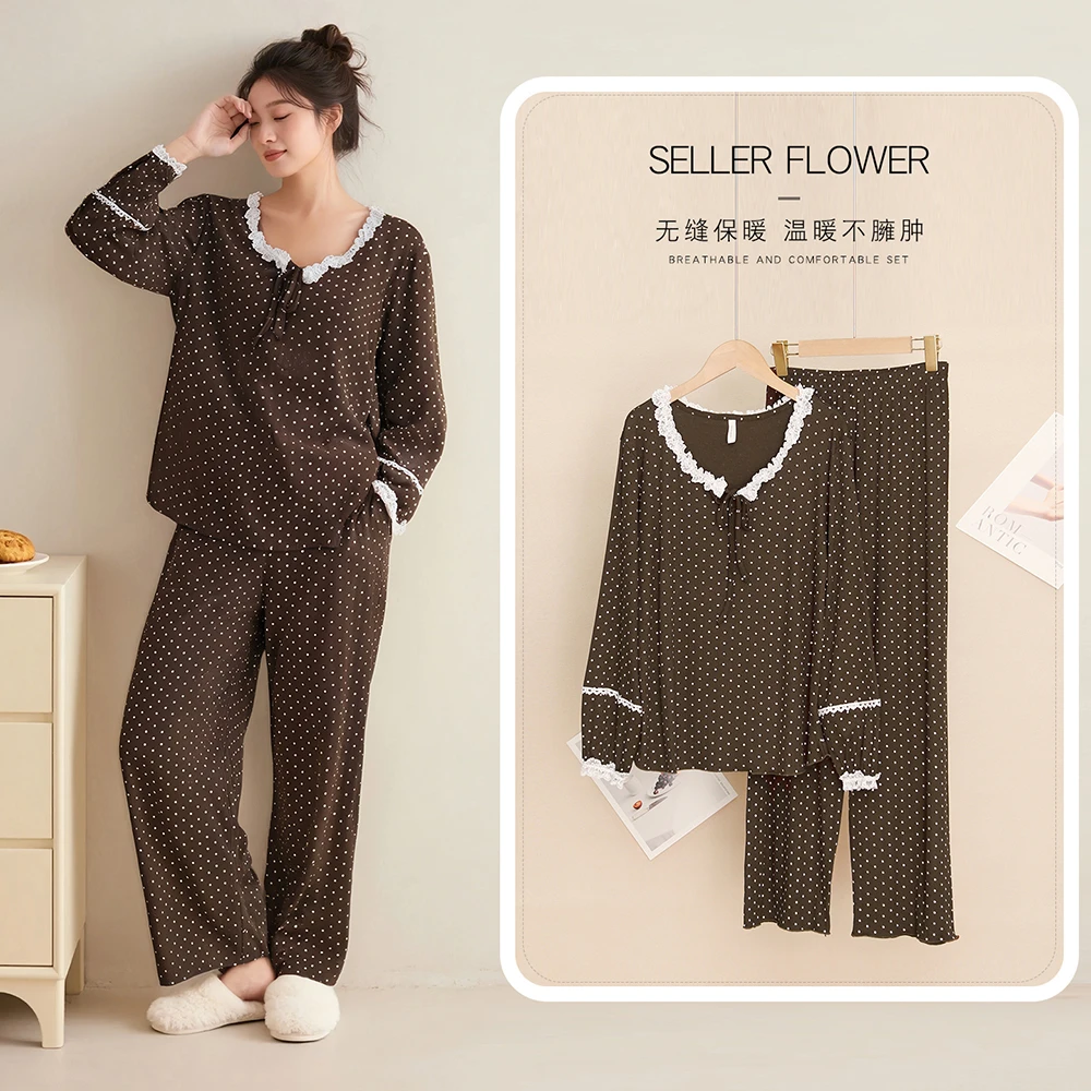 秋冬季波点女士蕾丝罗纹莫代尔家居服两件套睡衣韩版时尚休闲印花