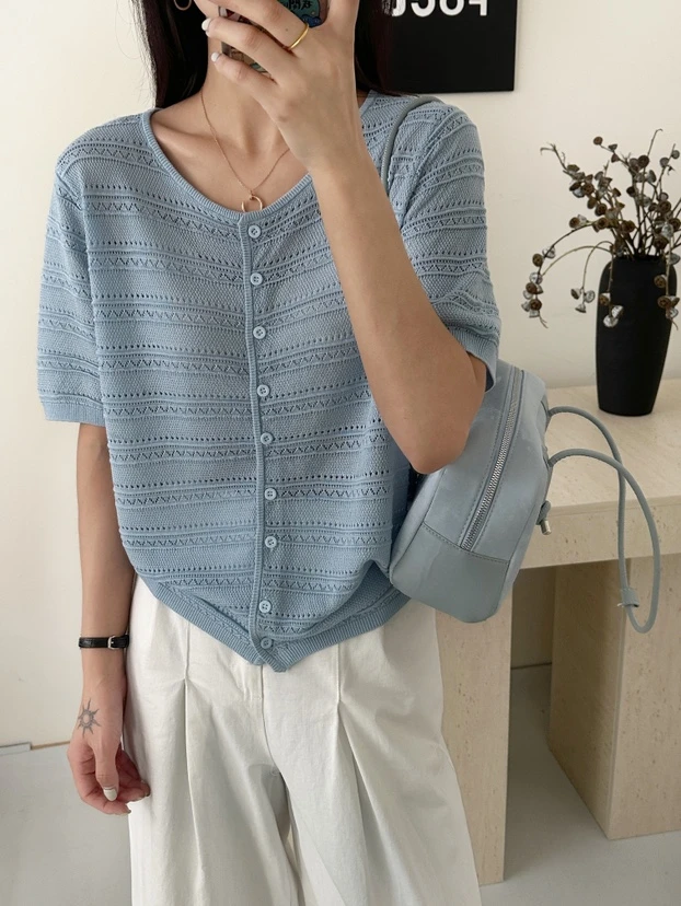 福利款夏季钩花镂空透气短款短袖圆领洋气通勤百搭上衣时尚显瘦