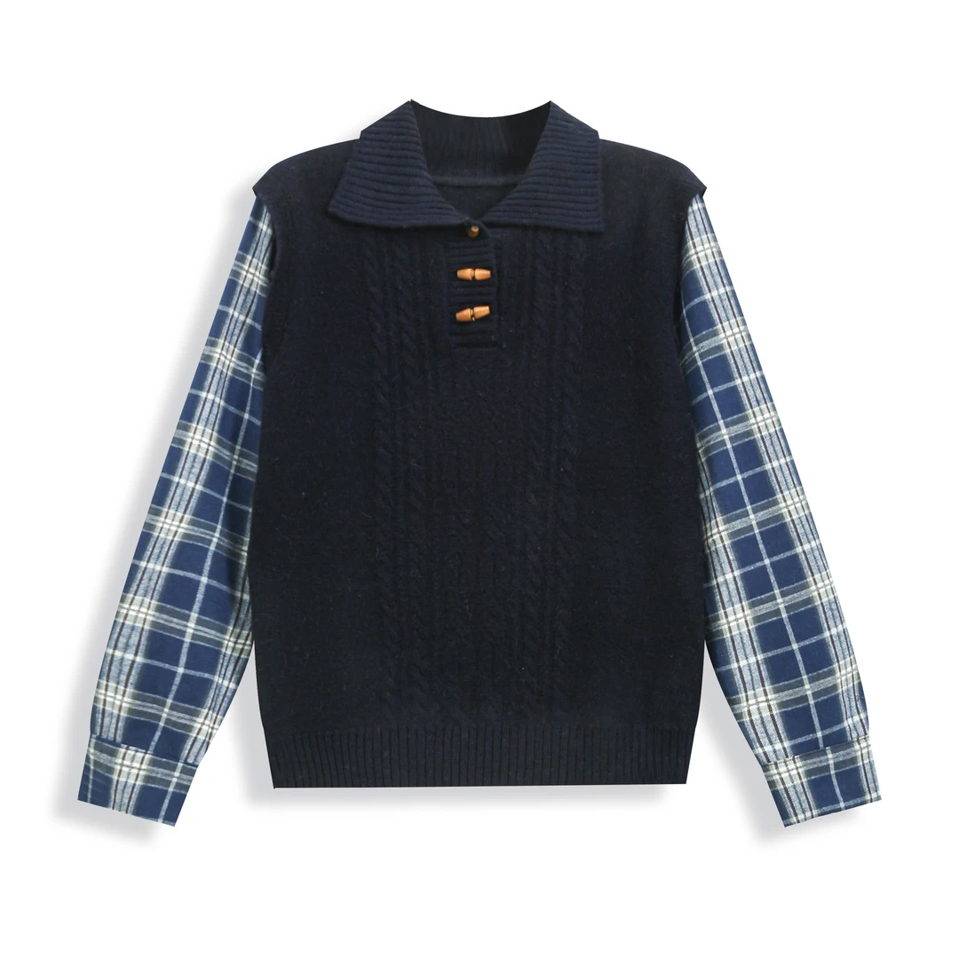 EC原创2025春新款羊毛假两件外套格纹衬衫长袖针织衫毛衣女B86-39