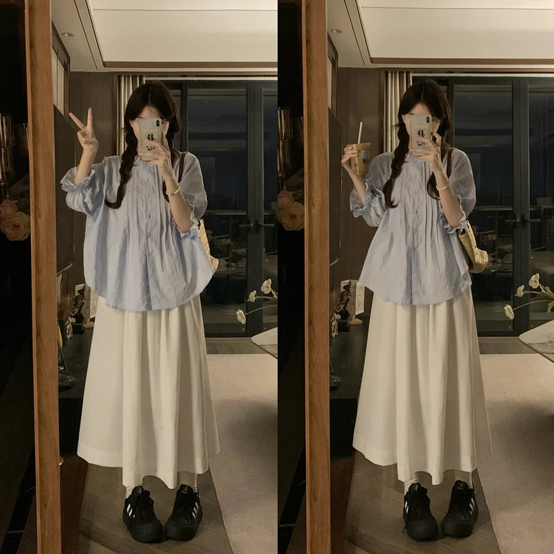 【运补6-8】大码温柔系泡泡袖宽松气质衬衫＋白色半身裙两件套9754