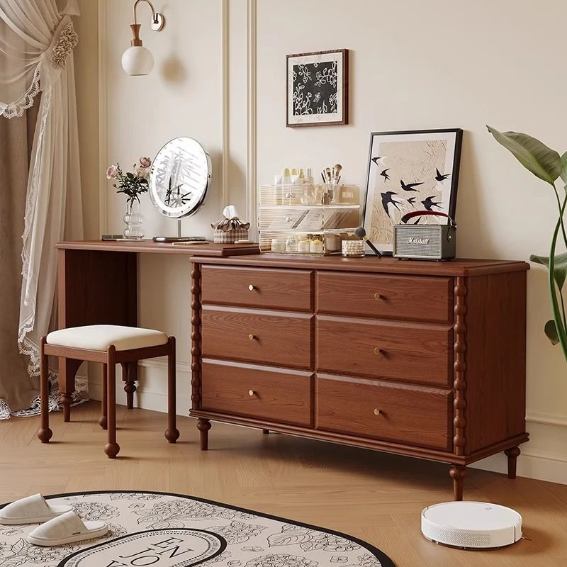 2025新款复古梳妆台卧室书桌化妆台转角梳妆台斗柜一体实木化妆桌