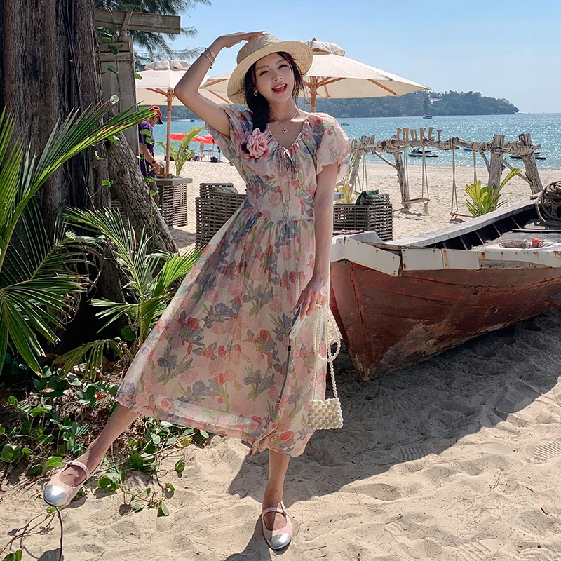 法式收腰甜美碎花国风印花裹身连衣裙初恋长裙夏季