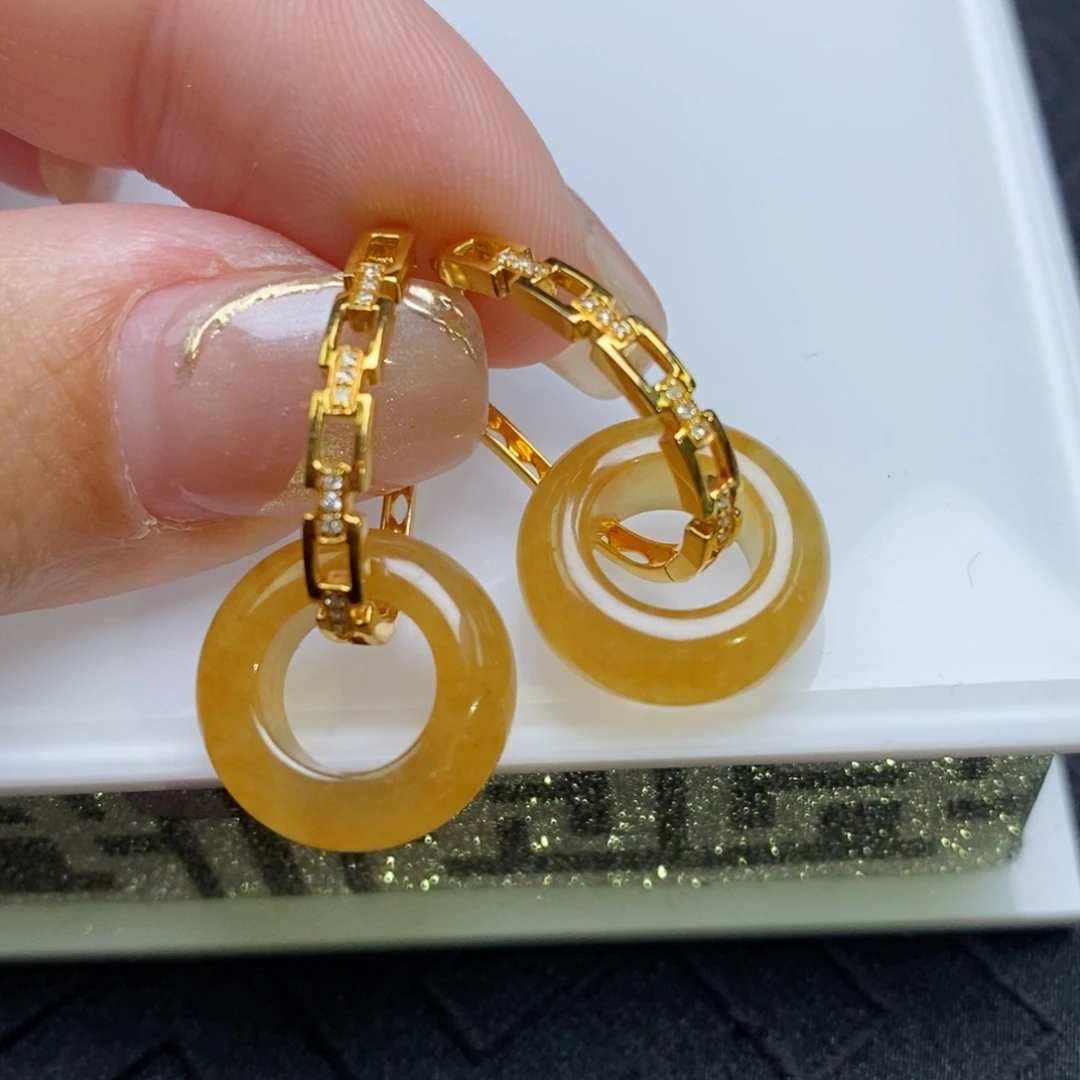 翡翠18K金镶嵌耳饰冰黄翡轮胎圈