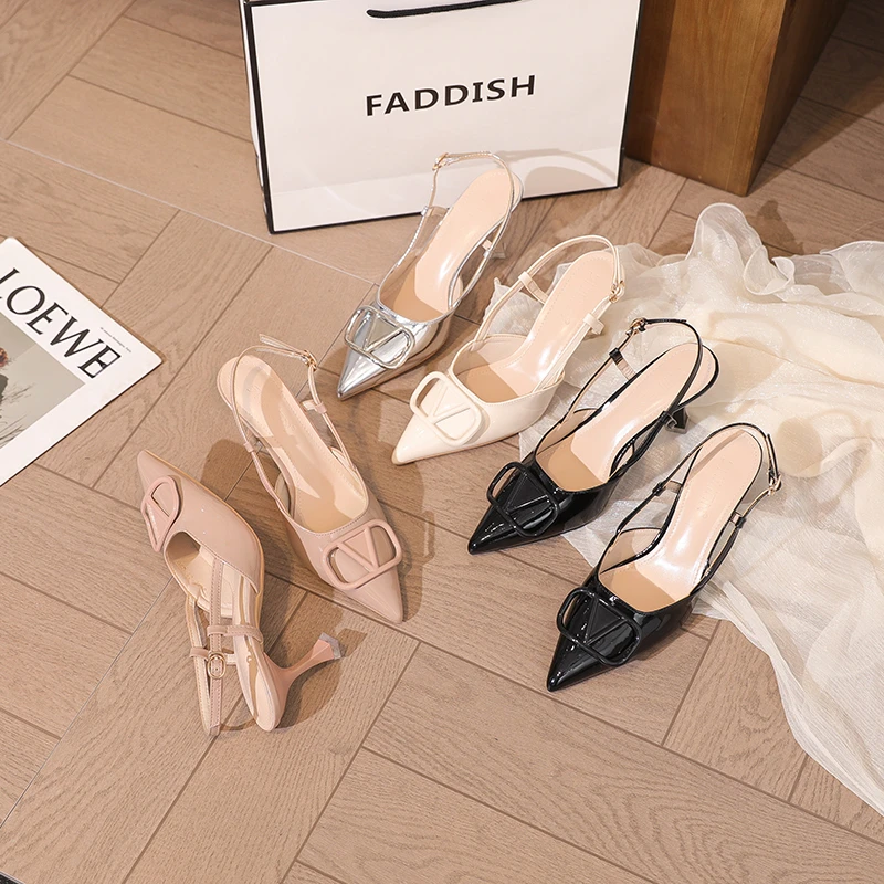 2025今年新款夏季法式高跟鞋仙女风配裙子细跟尖头包头后空凉鞋女