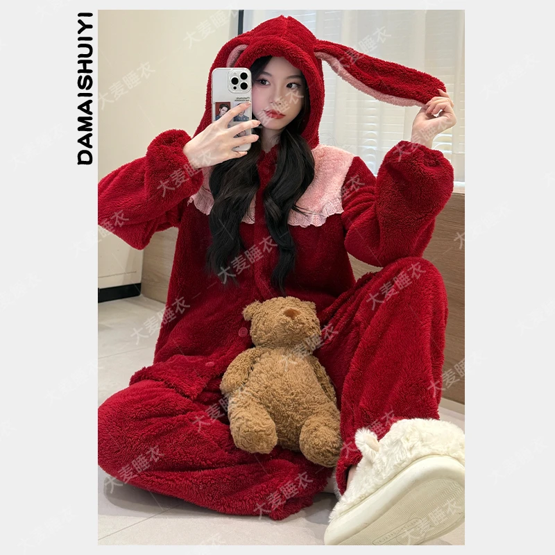 冬季加绒加厚睡衣女新款连帽开衫珊瑚绒冬季保暖家居服套装可外穿