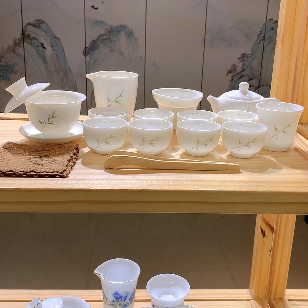 羊脂玉瓷竹报平安16件套功夫茶具