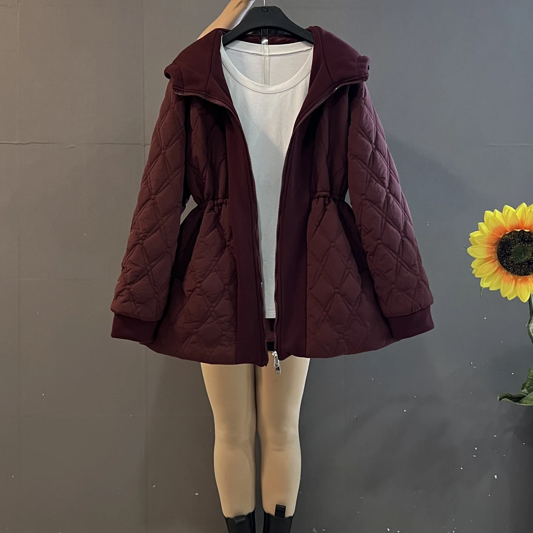 秋冬新款韩版连帽棱形抽绳设计收腰显瘦夹棉外套