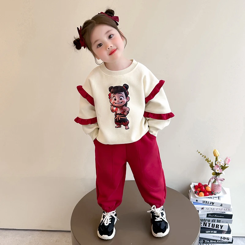 女童花边哪吒套装洋气儿童春秋季新款女宝宝休闲卫衣两件套小女孩