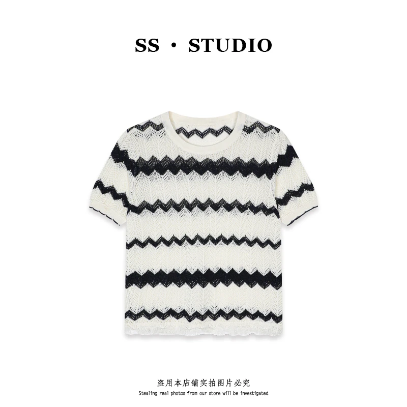 【SUSU】条纹撞色镂空圆领针织衫夏季显瘦休闲百搭短袖上衣SS-5441