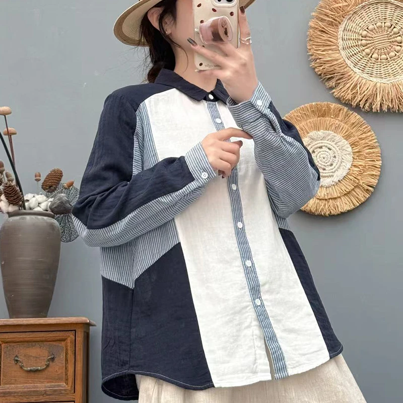 专享纯棉2025春秋新款衬衣时尚百搭衬衫上衣拼色开衫女装衬衣8613