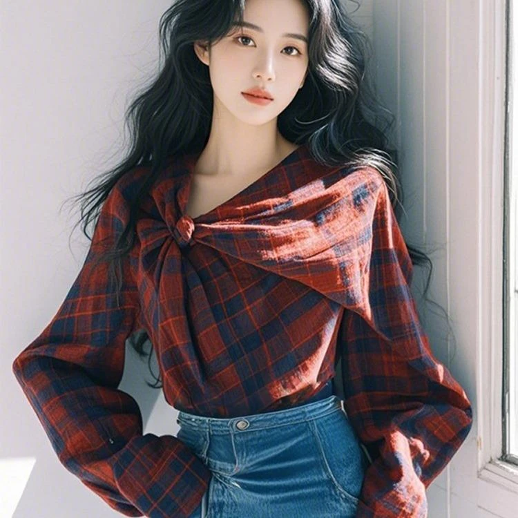 红蓝撞色格纹扭结长袖衬衫女春秋设计感独特别致好看内搭叠穿上衣