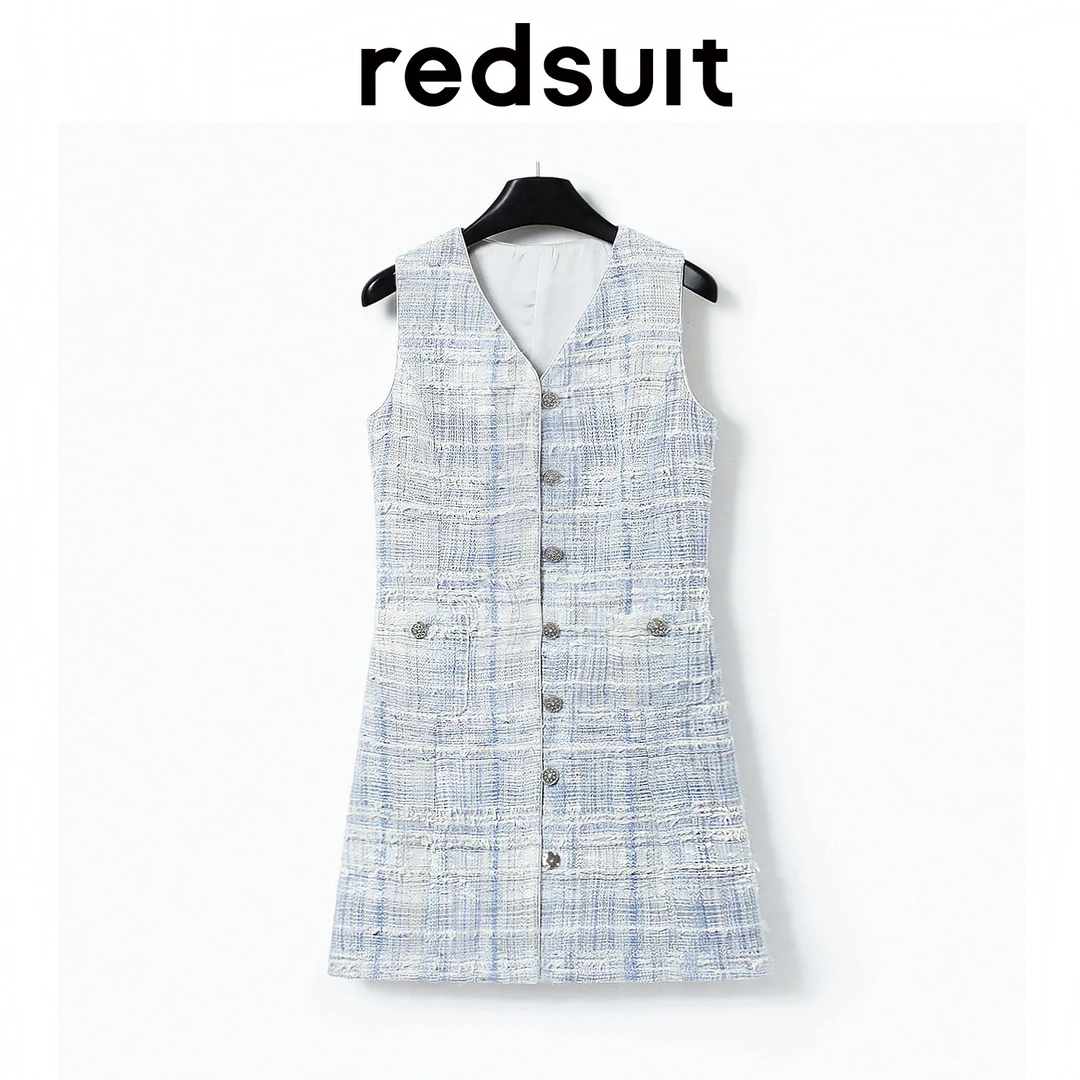 redsuit 法式精美高级感水雾蓝轻薄花呢小香风V领显瘦连衣裙