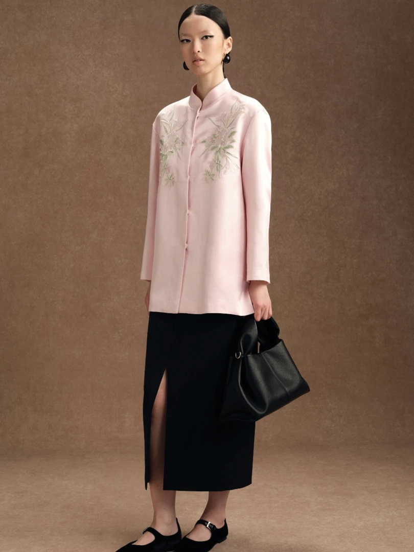 LA MAISON JADE玉琼粉色刺绣印花对襟棉服