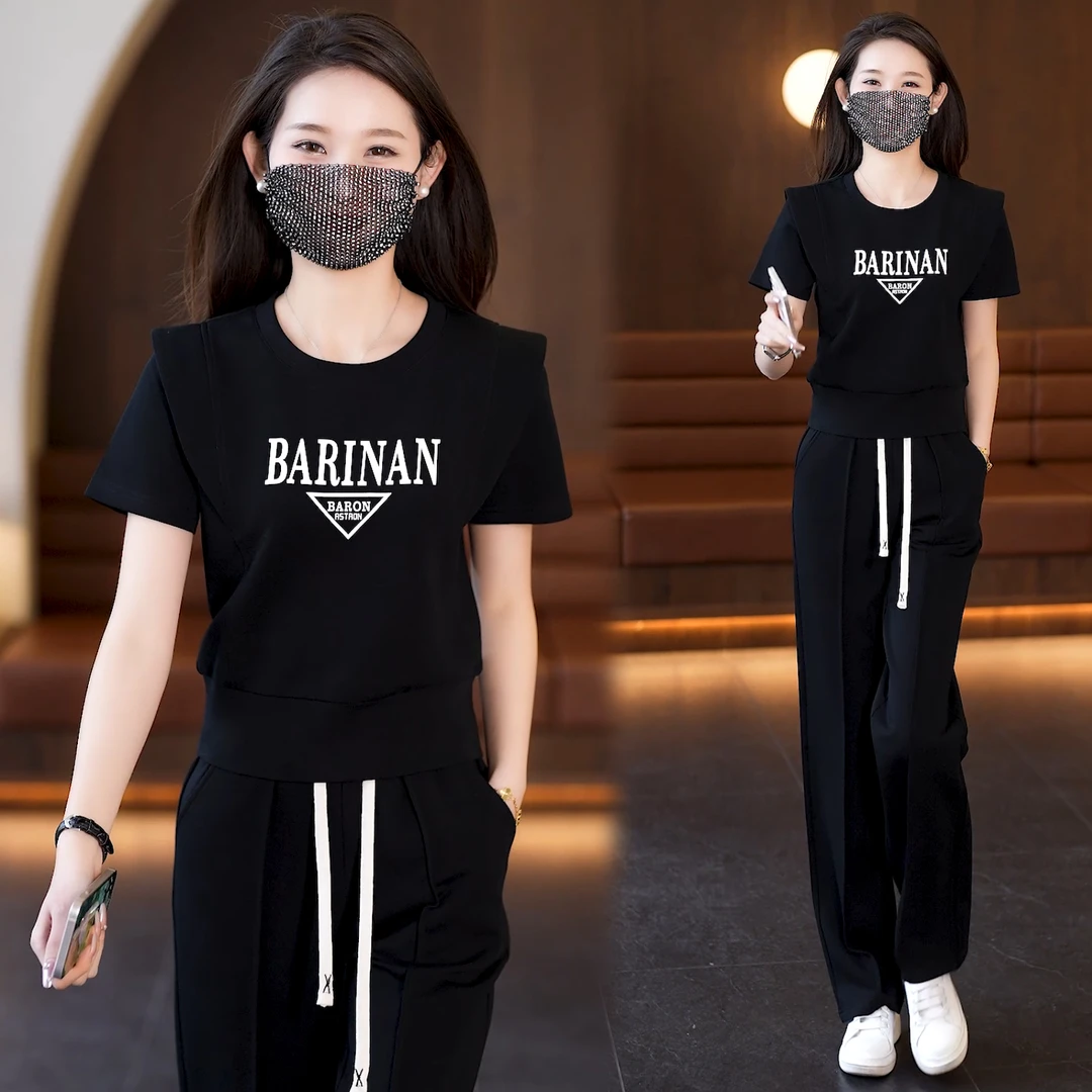 时尚运动服套装女夏季2025新款休闲减龄洋气女士圆领卫衣两件套潮