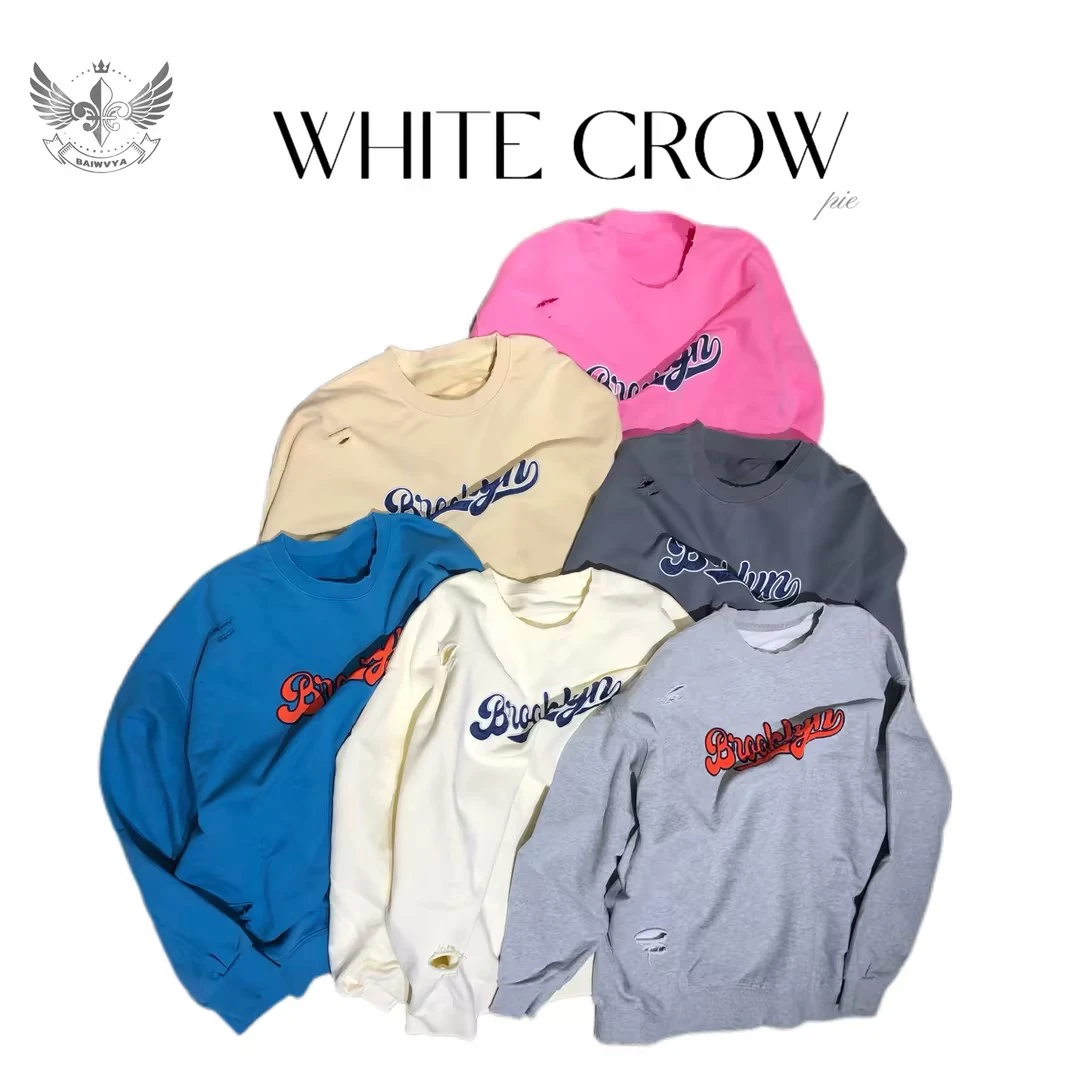 白乌鸦【蓝色波浪】破洞卫衣宽松字母印花时尚情侣设计师7244