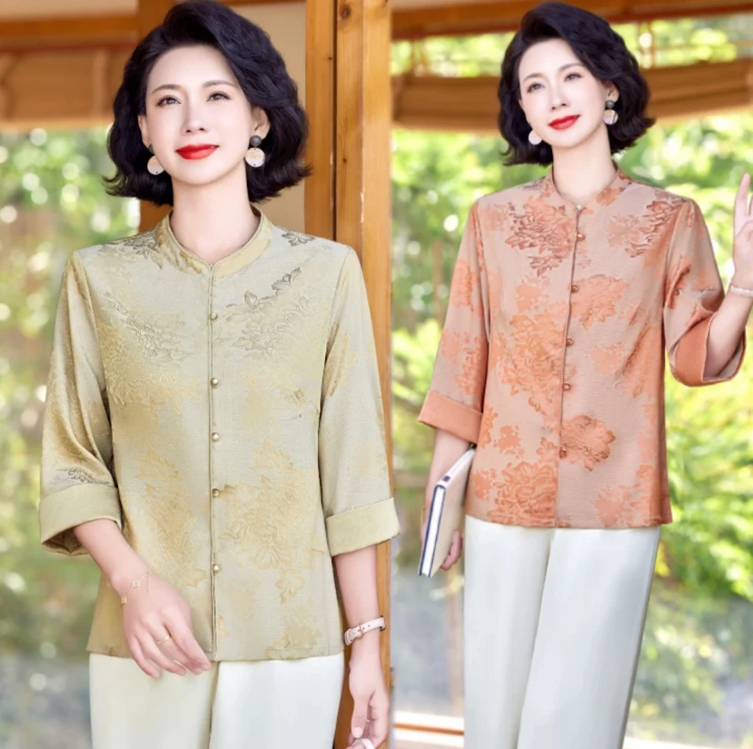 薄款常规款常规宽松型中老年女装茶服中式春夏小衫衬衫气质夏季
