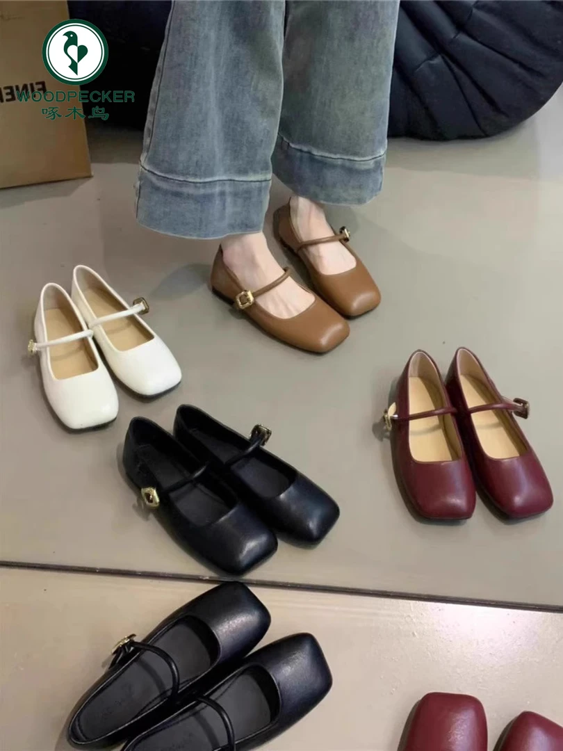 啄木鸟法式玛丽珍鞋2025新款奶奶鞋复古方头平底乐福小皮鞋单鞋女