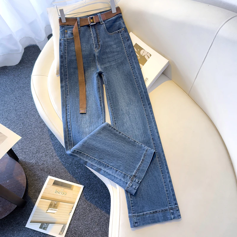 拉夏贝尔时尚窄版牛仔裤女2025秋新款高腰宽松遮胯显瘦垂感阔腿裤
