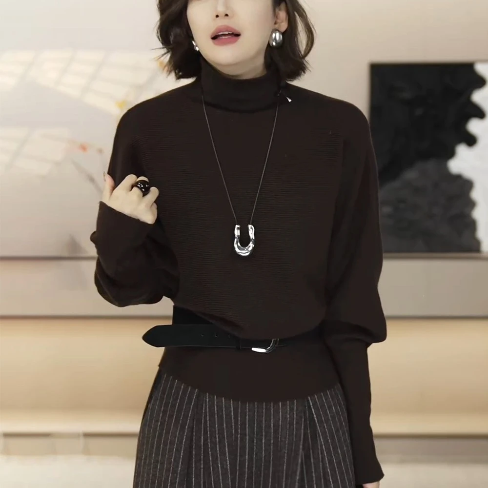 咖色高领针织衫女士2025秋冬新款高级感洋气收腰显瘦打底毛衣上衣