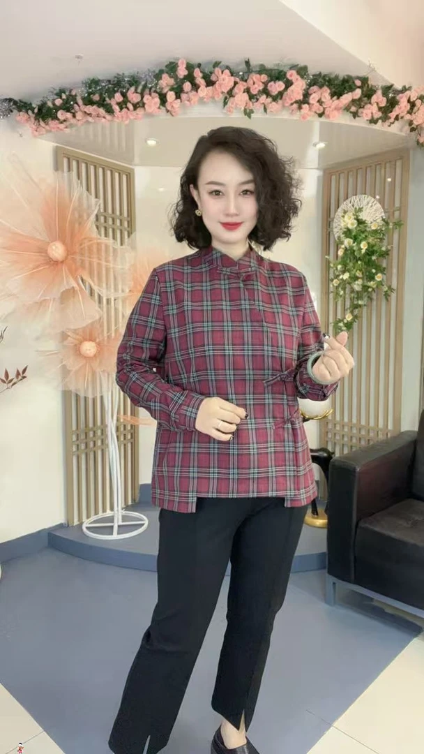 【秋季加绒】新中式国风高级感棉质偏襟立领盘扣格纹长袖衬衫K5295