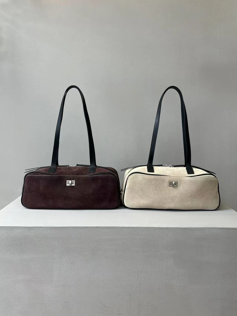 头层磨砂牛皮拼接牛皮保龄球枕头包吐司包腋下包托特包手提单肩包