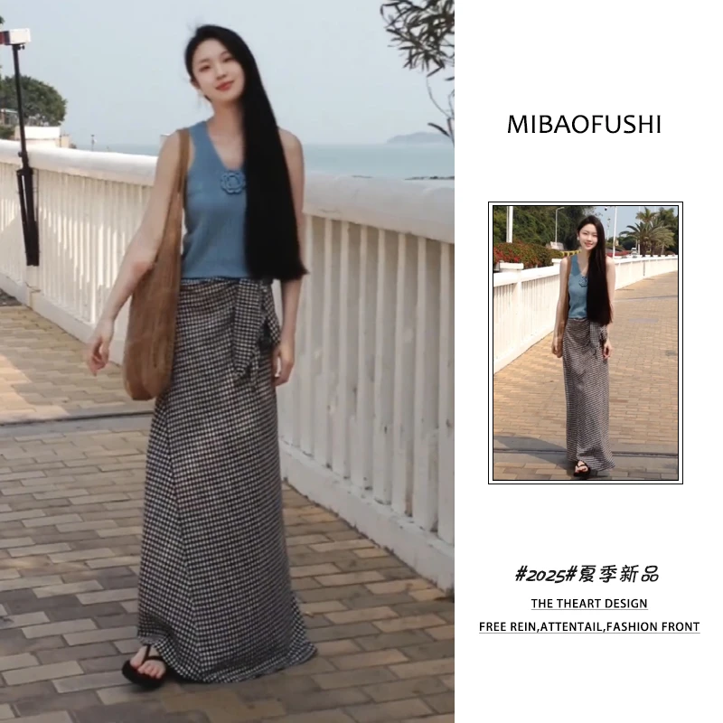 夏季穿搭一整套女装2025年新款韩系立体花朵背心格子半身裙两件套