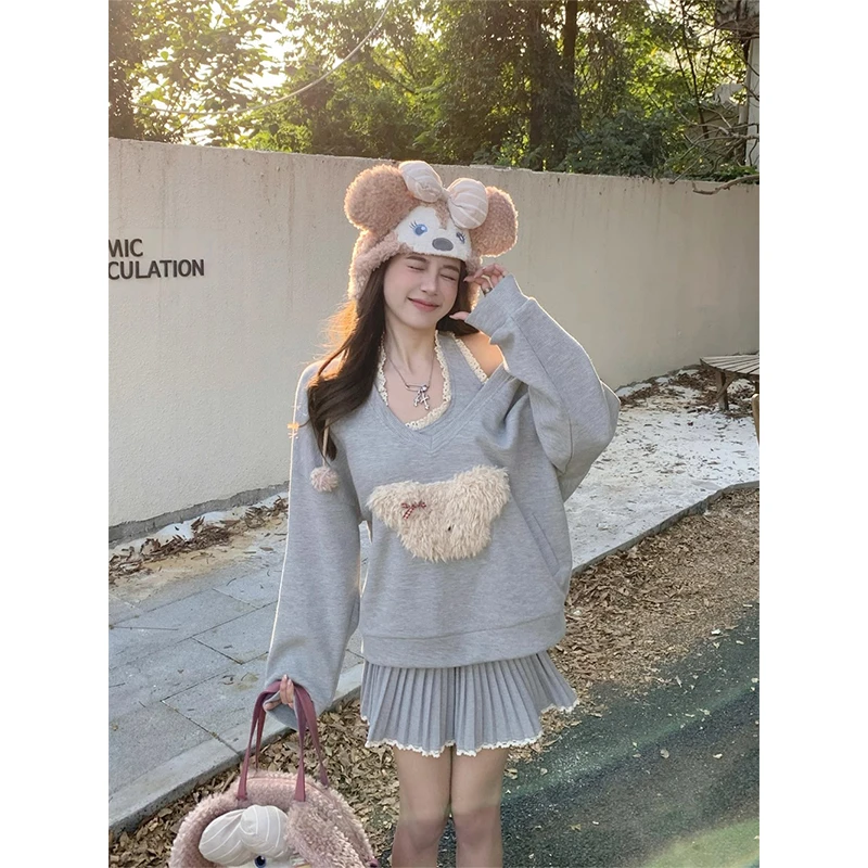 韩系慵懒感小狗刺绣V领连帽卫衣女早春oversize宽松显瘦休闲上衣