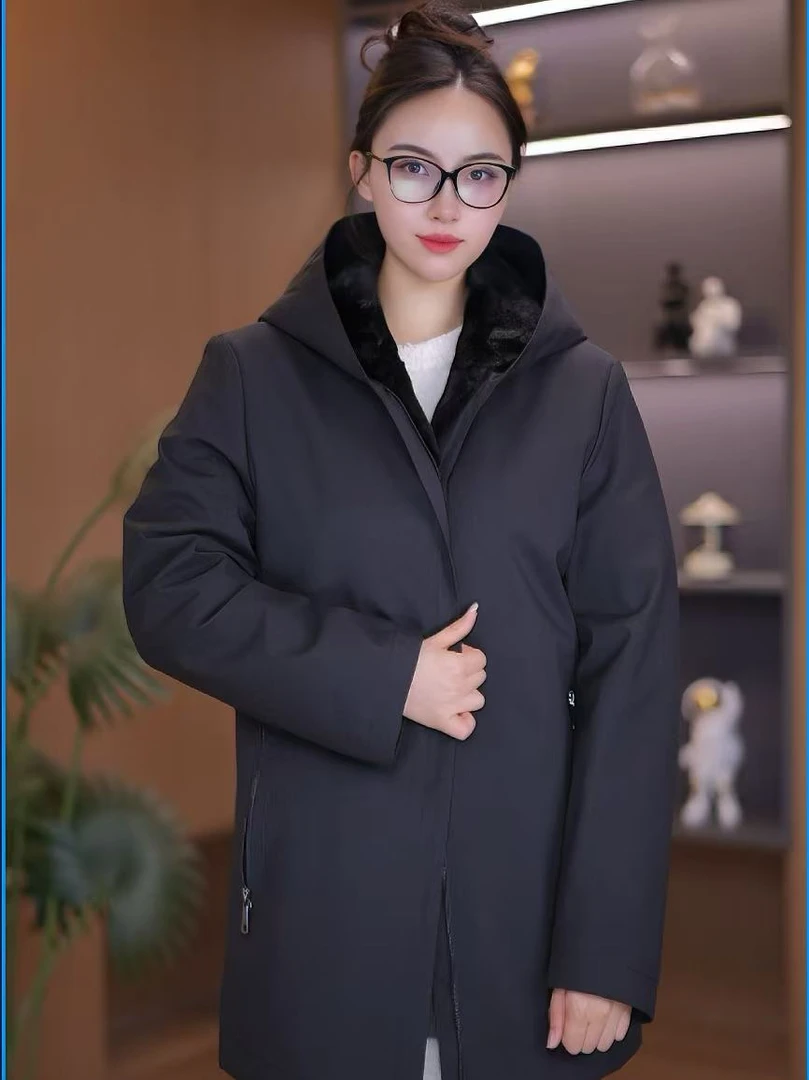 V男士中长款可脱卸黑色内胆派克服加厚连帽外套男款时尚