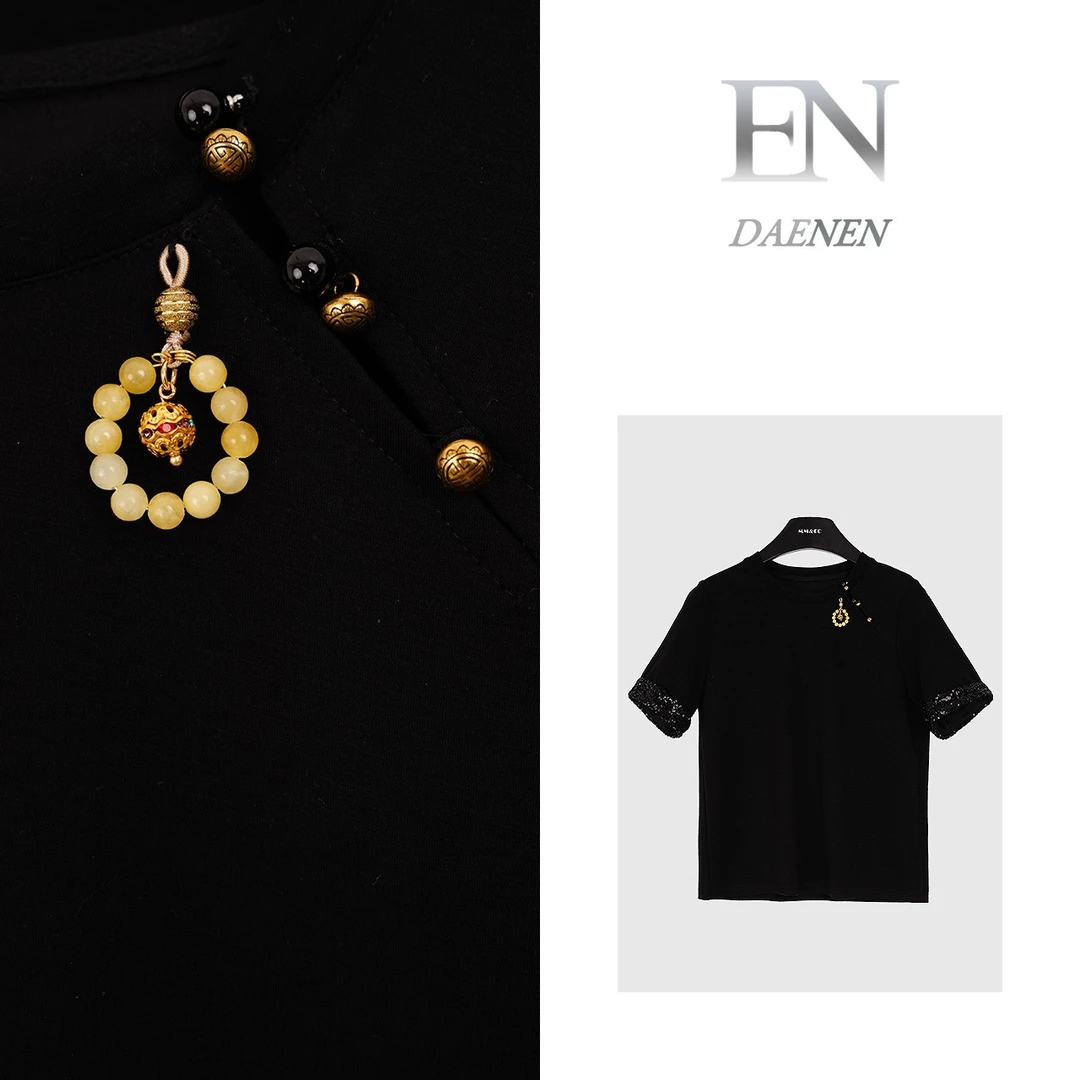 【忆江南】新中式吊坠短袖T恤女2024新袖口拼接亮片打底衫F9266