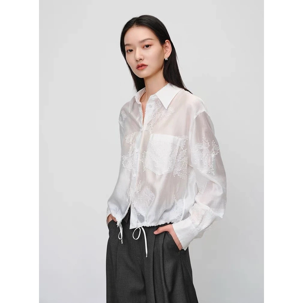 杰瑞【淡雅岁月】抽绳肌理立体绣花宽松天丝衬衫25夏季新款休闲上衣
