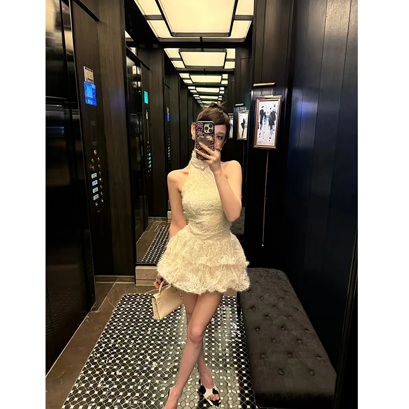 夏季新款挂脖连衣裙女法式高级感千金穿搭蕾丝拼接露背生日小礼裙