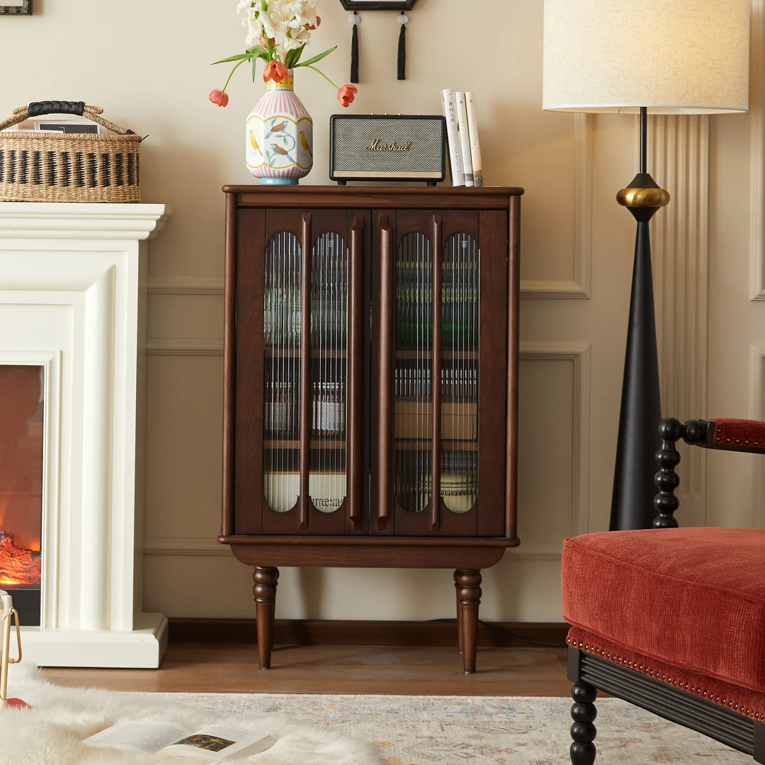 美式复古实木玻璃酒柜法式小户型客厅收纳展示柜一体靠墙沙发边柜